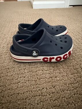 CROCS toddker Bayaband Navy Blue Clogs with Red and White Trim